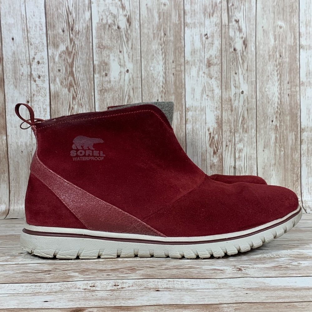 Sorel Nubuck Red Suede Slip On Ankle Boots Waterproof Women's Size 10